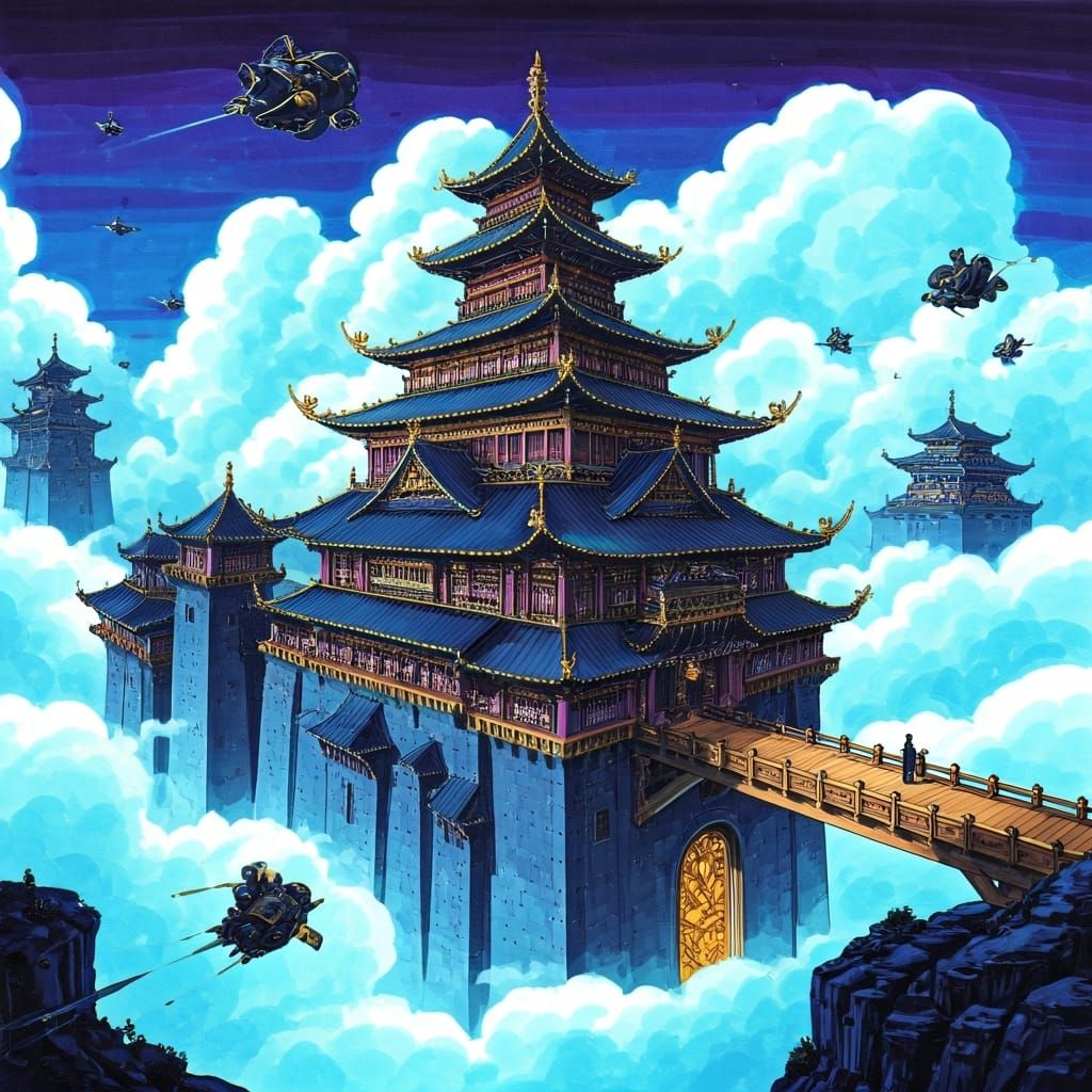 Futuristic Sky Fortress Concept Art in Vibrant Colors