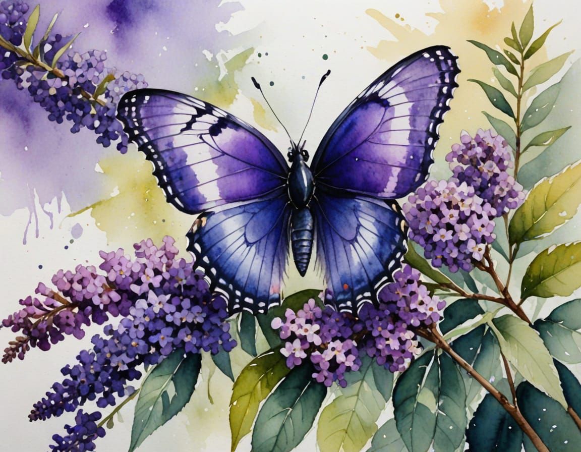 Lavender Butterfly on Buddleia in Loose Watercolor