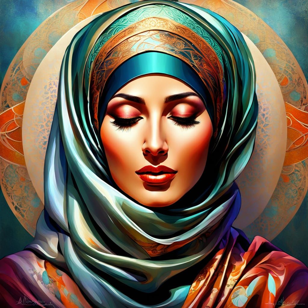 Confident Hijabi Woman in Retro Digital Painting
