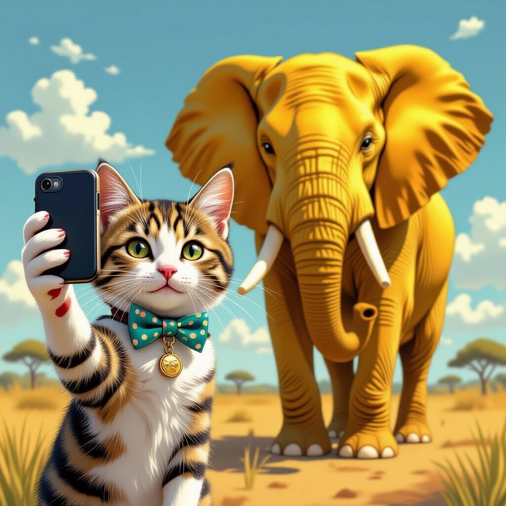 Cat Selfie with Elephant, Digital Art
