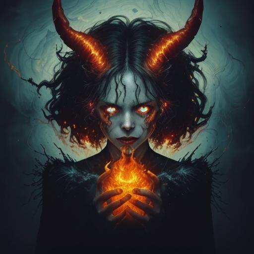 Fierce Fire Demon Portrait in Oil Painting Style
