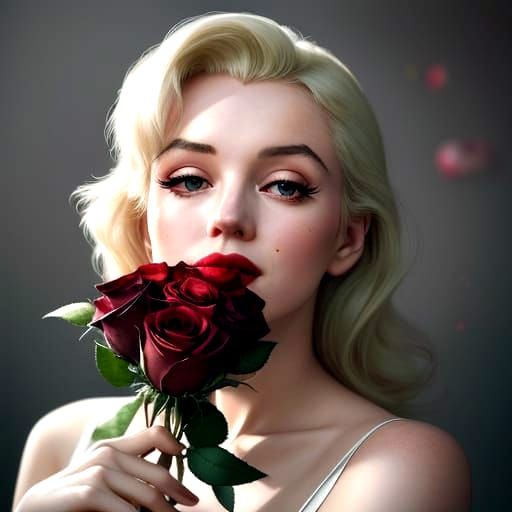 Hyperrealistic Marilyn Monroe in Soft Focus, Admiring Roses