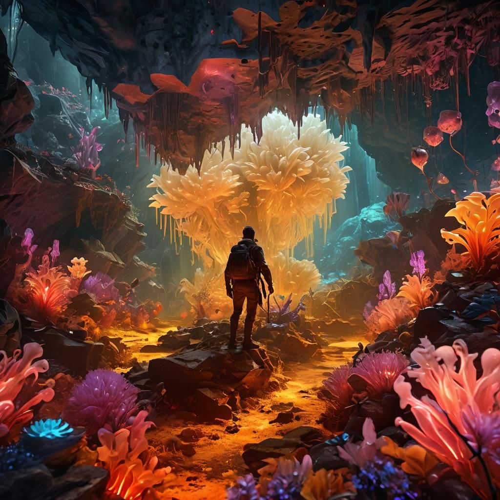 Crystal Cavern Adventurer in Neon Ink Splatter Style