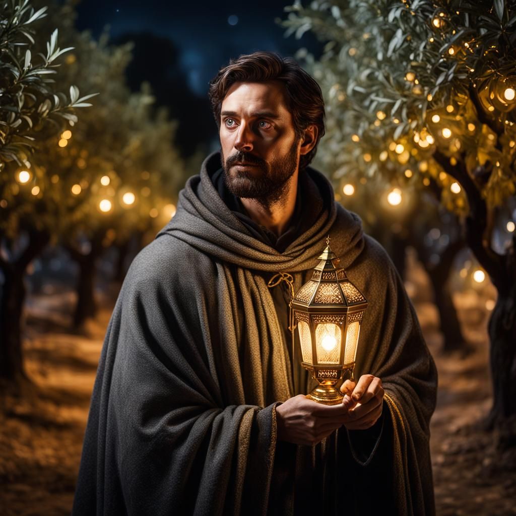 Man with Golden Lamp in Olive Grove: Hyper-Realistic Photo
