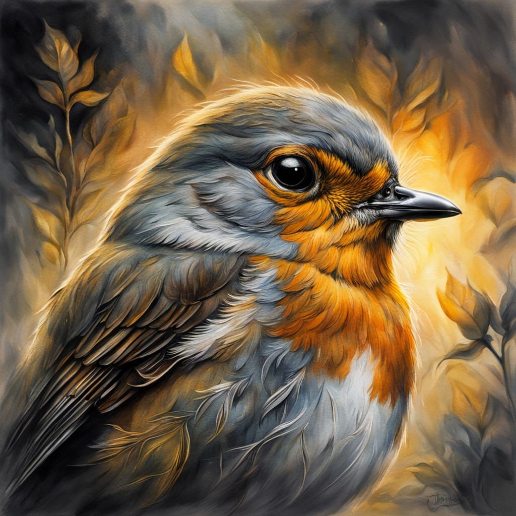 Robin in Mist: Ethereal Gouache Charcoal Drawing