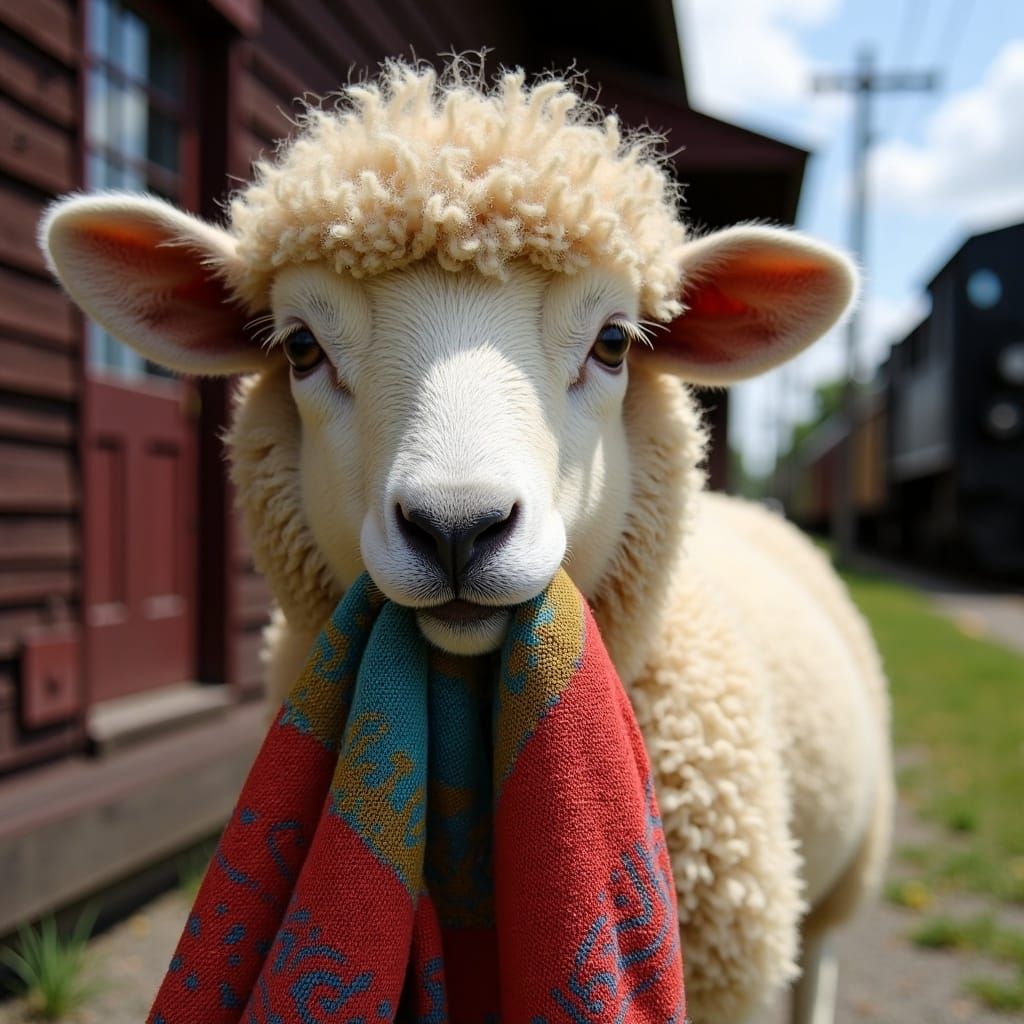 Mischievous Sheep Chewing Scarf in Vintage Postcard Style