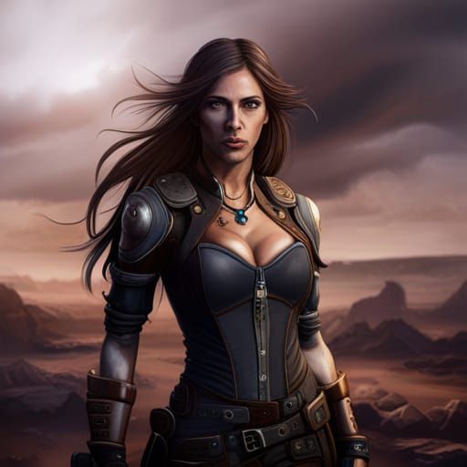 Steampunk Woman Warrior in Wasteland Landscape