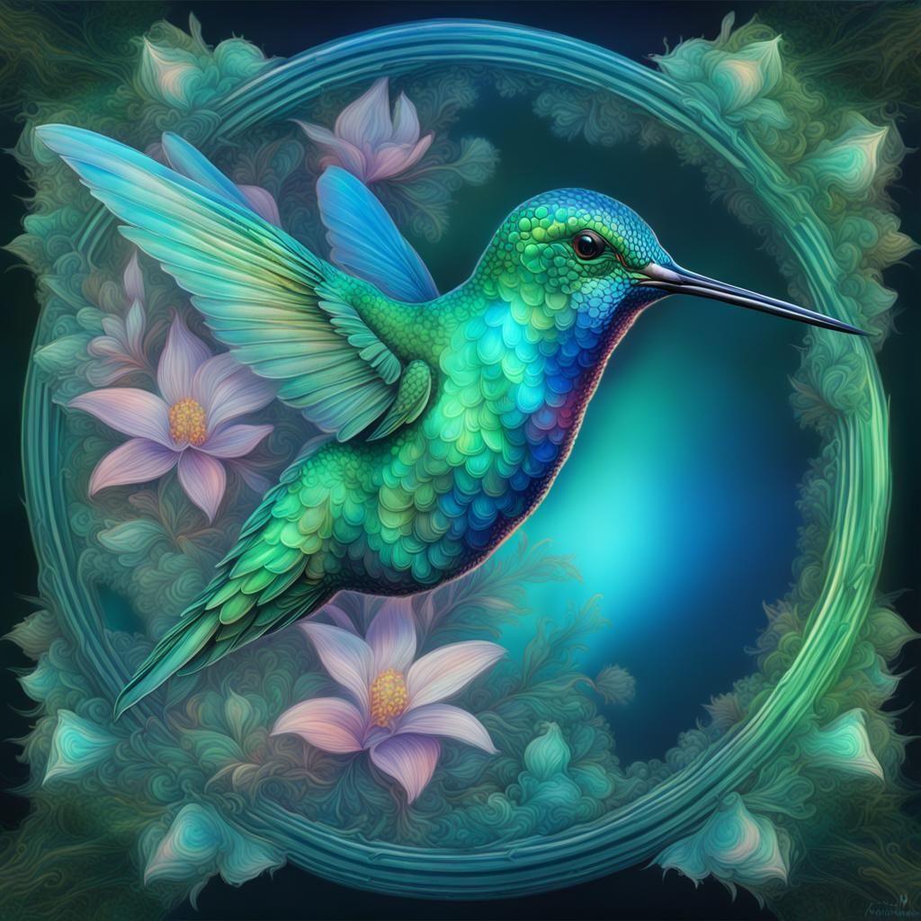 Hummingbird in Crystal Heart: Holographic Cosmic Illustratio...