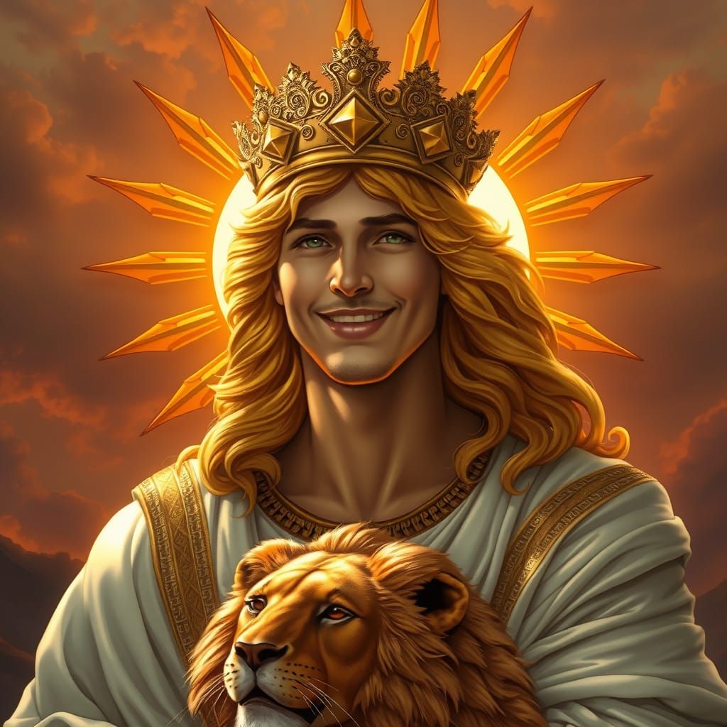 Golden God of the Sun Rises with Regal Lion