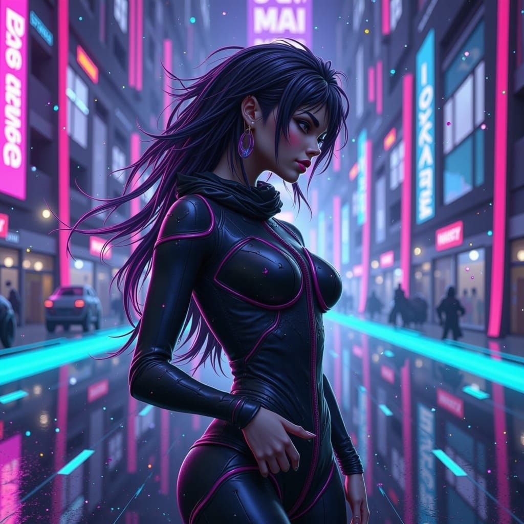 Futuristic Woman in Cityscape with Neon Accents