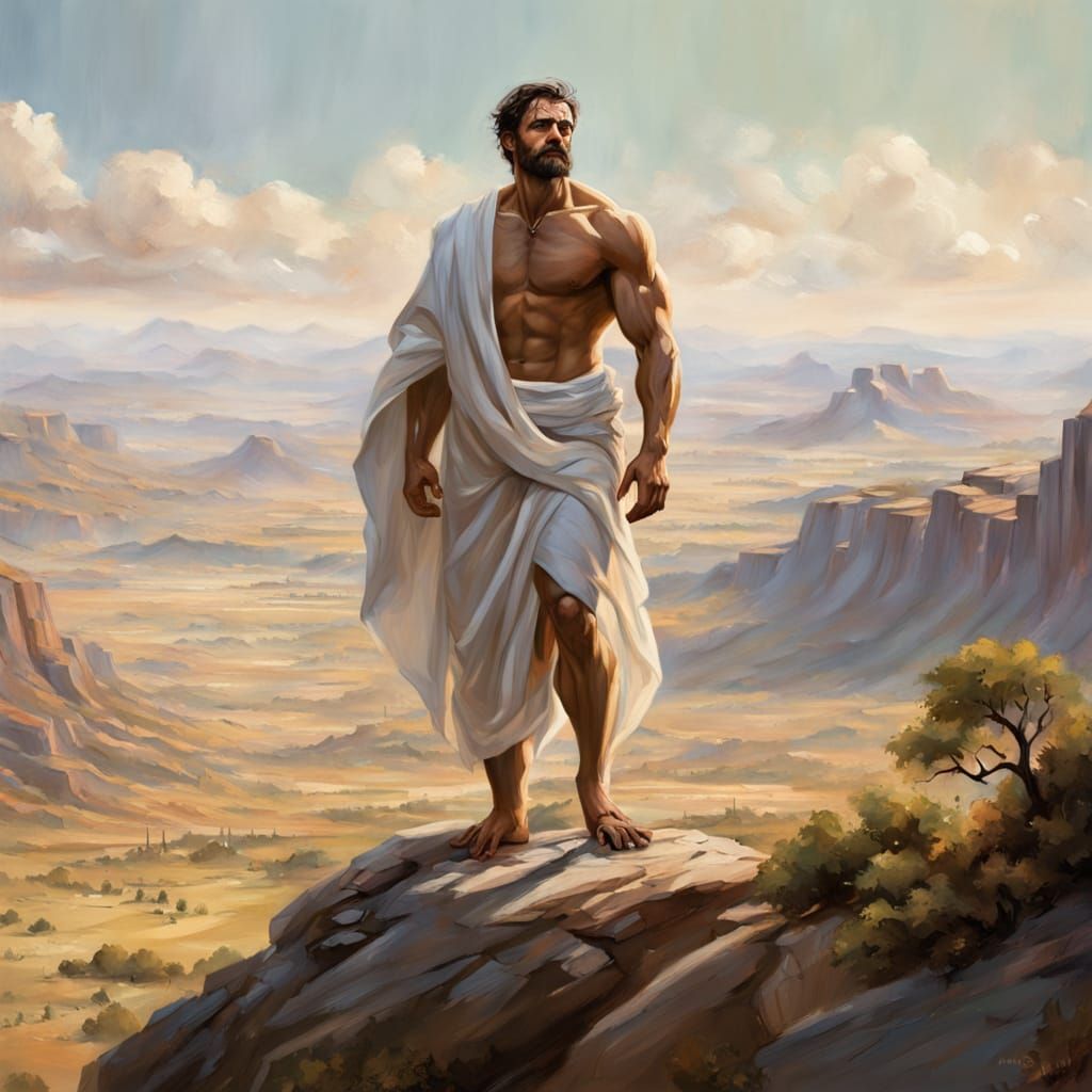 Heroic Man on Mountaintop as Classical Realism Oil Painting