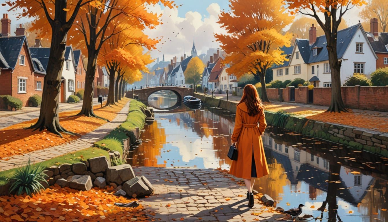 Serene Autumn Scene with Woman on Cobblestone Path
