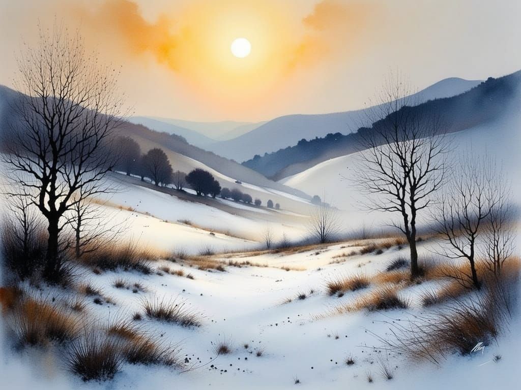 Winter Sunset Over English Countryside in Painterly Style