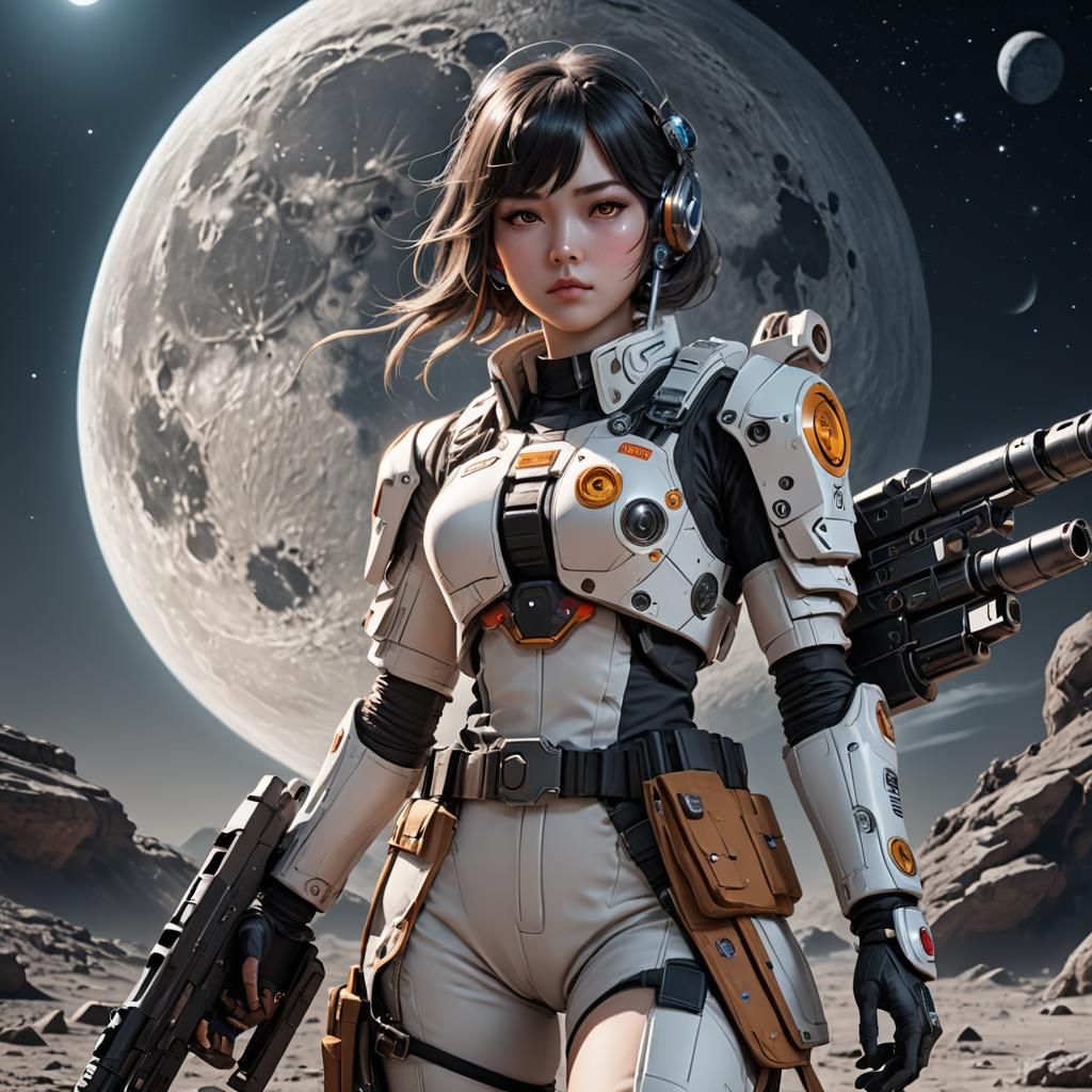 Sci-Fi Girl on Moon with Laser Pistol in Anime Style