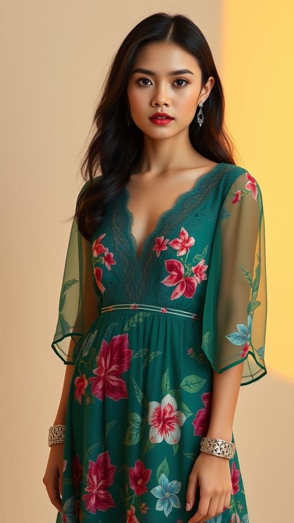 Elegant Indonesian Woman in Vibrant Floral Dress