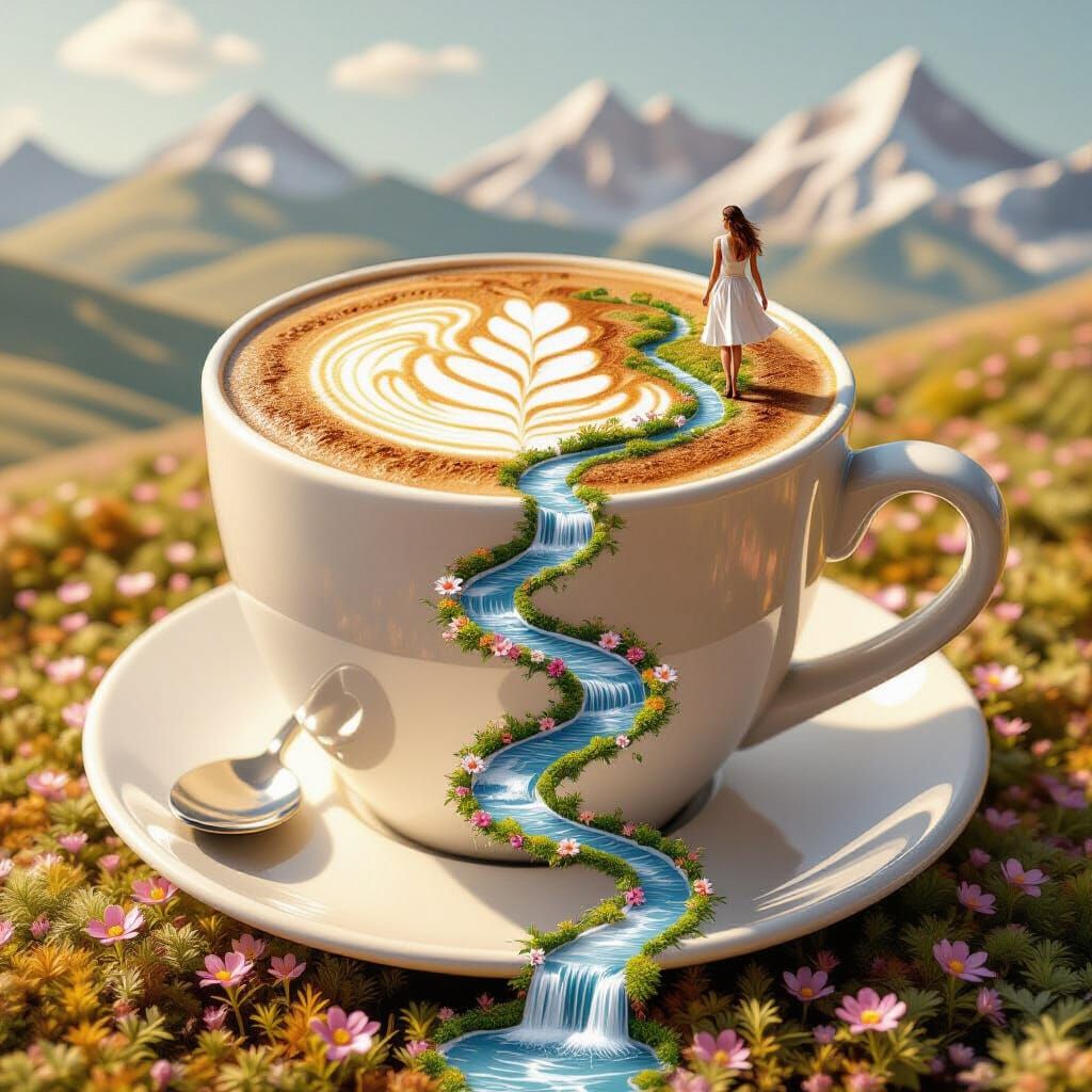 Cappuccino Spring Landscape with Woman, 3D Render