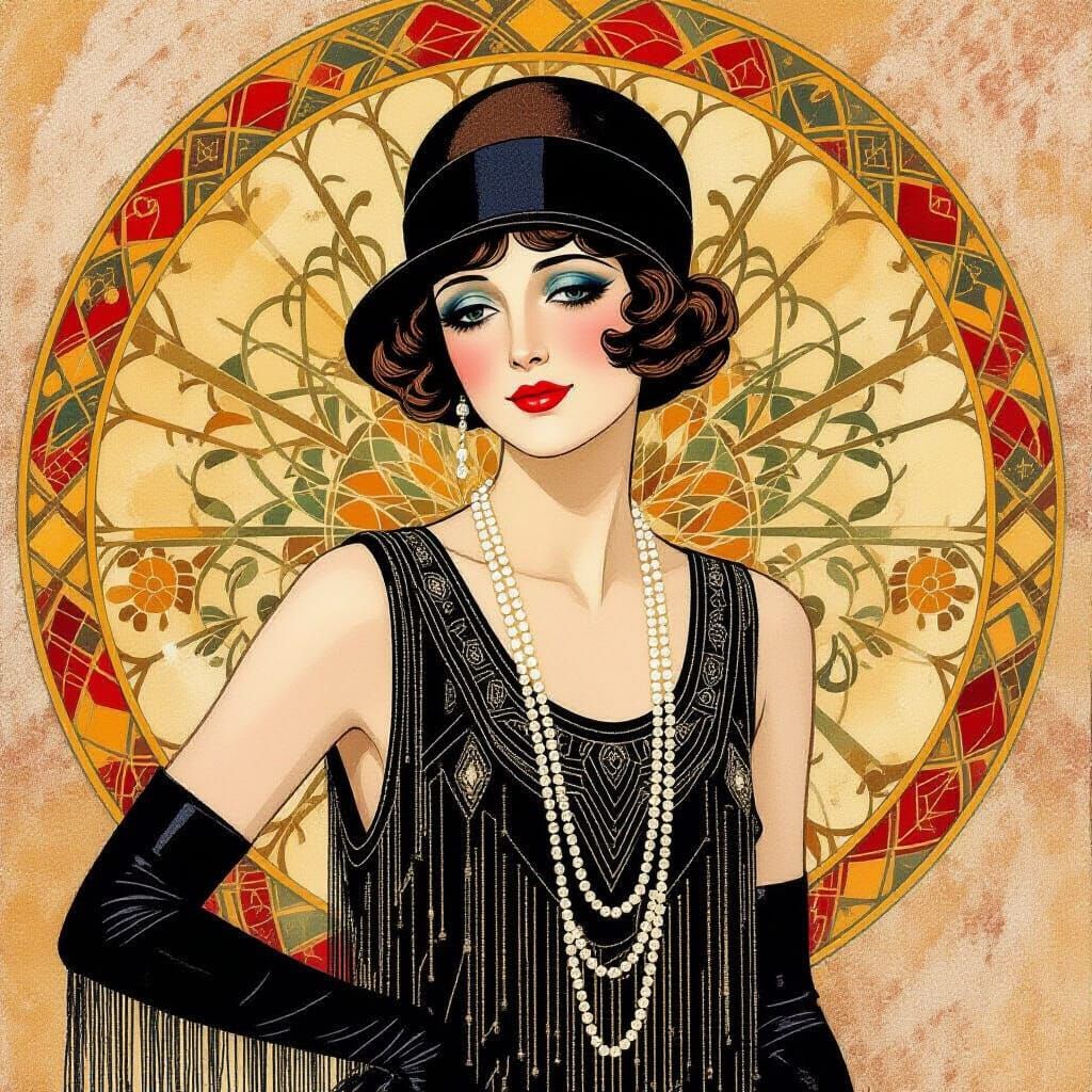 Elegant Flapper Girl in Sepia, Impasto Gouache Style