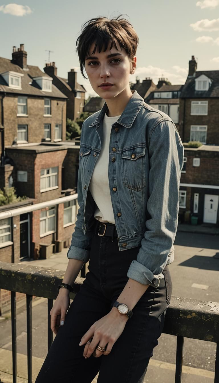 French actress with mod pixie cut and bold fringe,