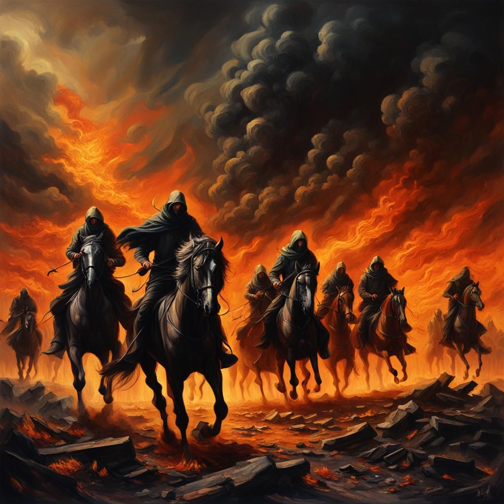 Apocalyptic Horsemen Ride Through Burning City