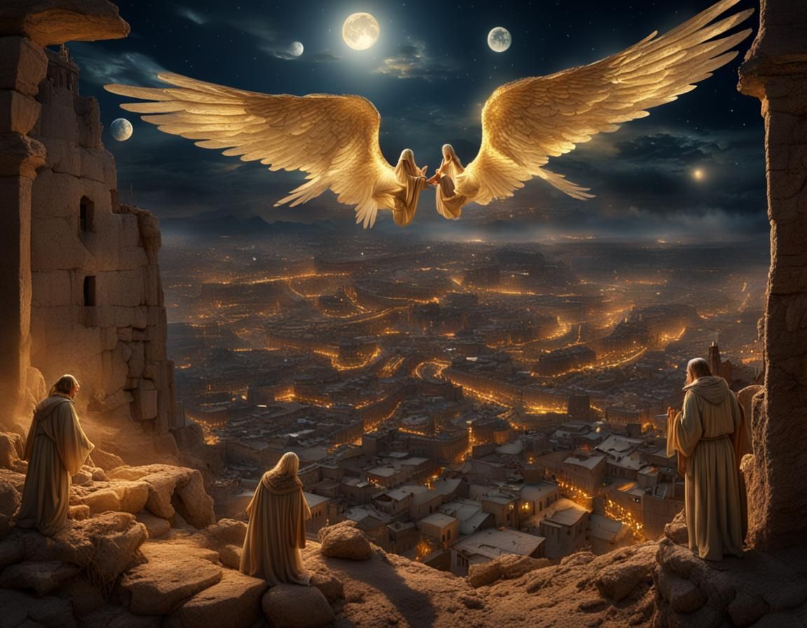 Angels bending near the earth on Christmas night in Bethlehe...