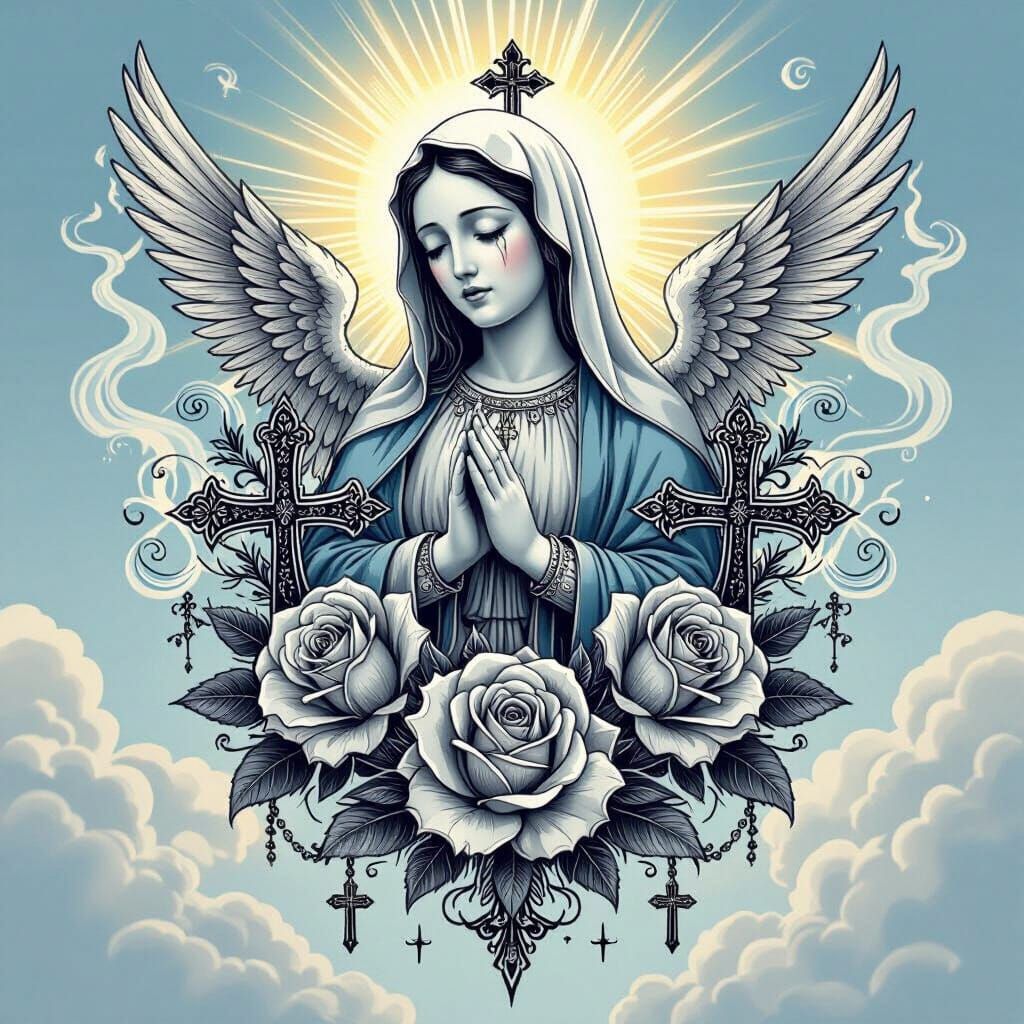 Tattoo Style Roses, Crosses, and Religious Imagery