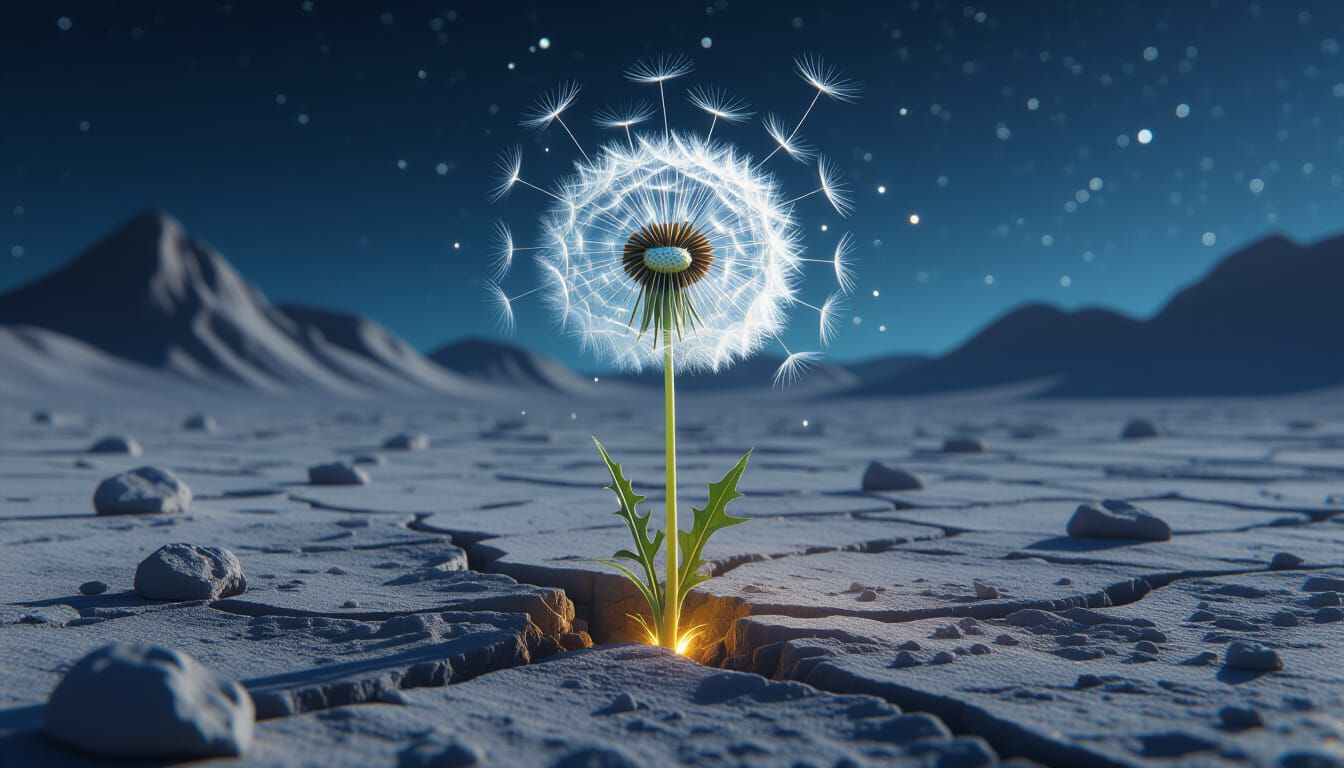 Dandelion on Alien Planet with Bioluminescent Seeds
