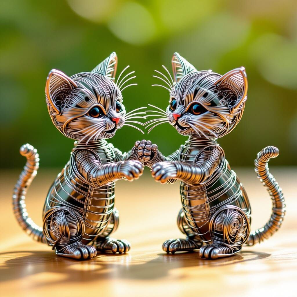Wire Sculpture of Adorable Kittens: High-Quality Art