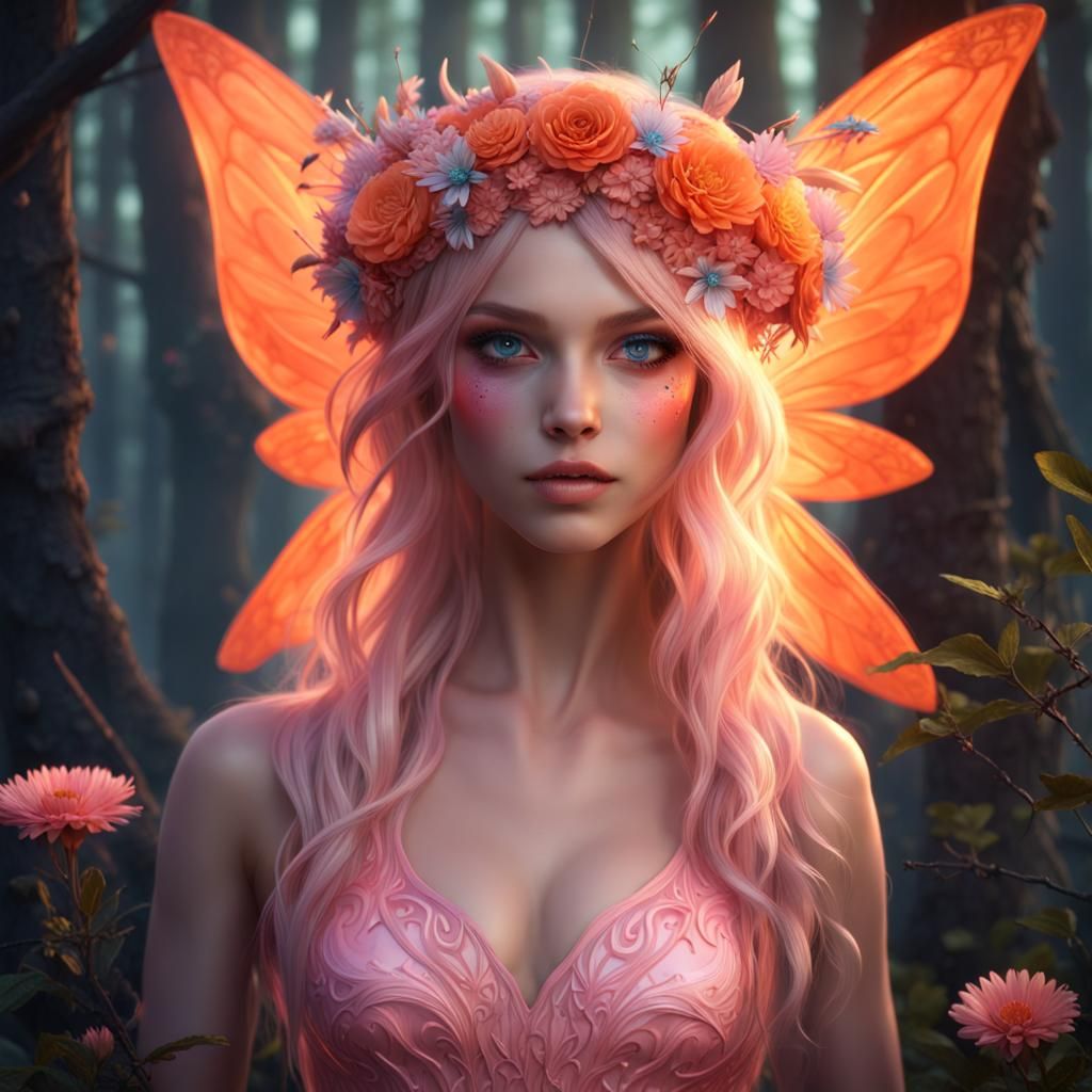 Fairy with Orange Wings in Bioluminescent Forest