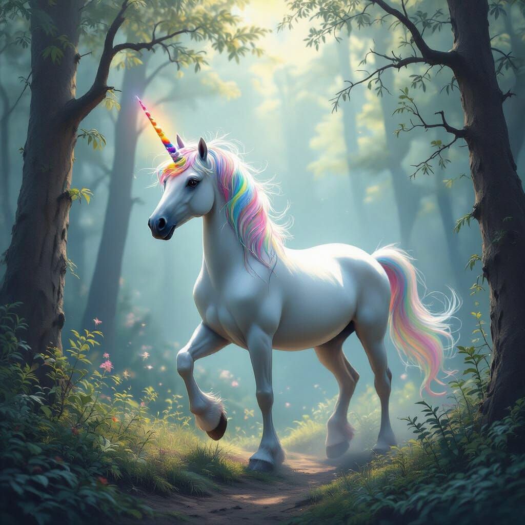 Majestic Unicorn with Rainbow Mane in Ethereal Forest