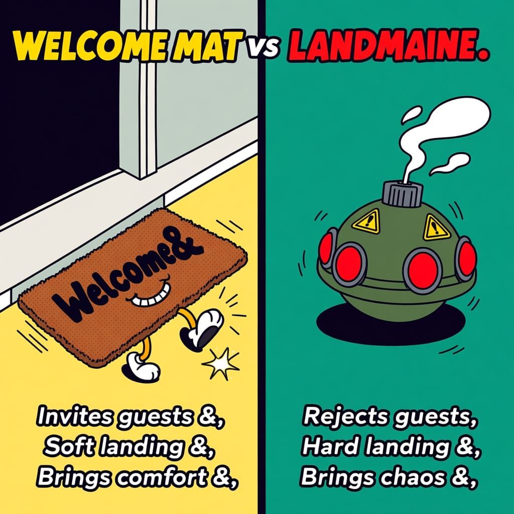 Welcome Mat vs Landmine Cartoon Comparison Poster