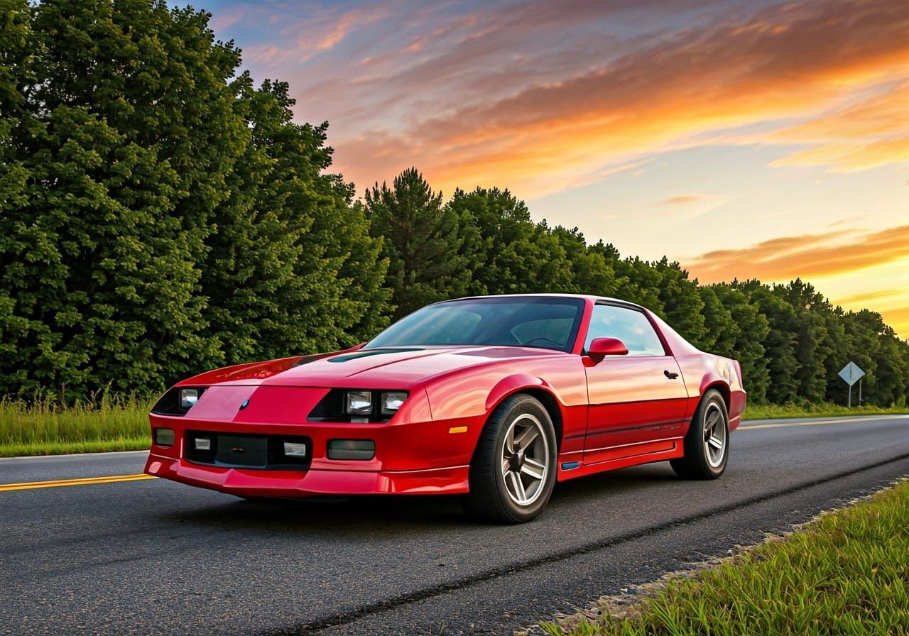 Fire Engine Red Chevrolet Camaro Z28 Revs Up in Sunset Harmo...