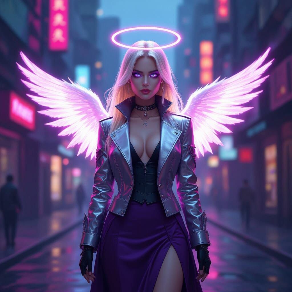 Futuristic Vampire with Halo and Wings in Cyberpunk City