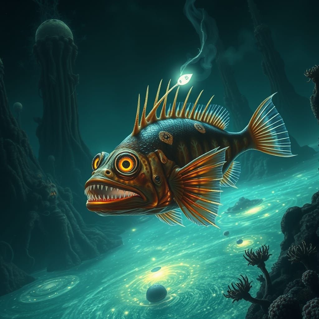Bioluminescent Anglerfish in Alien Depths