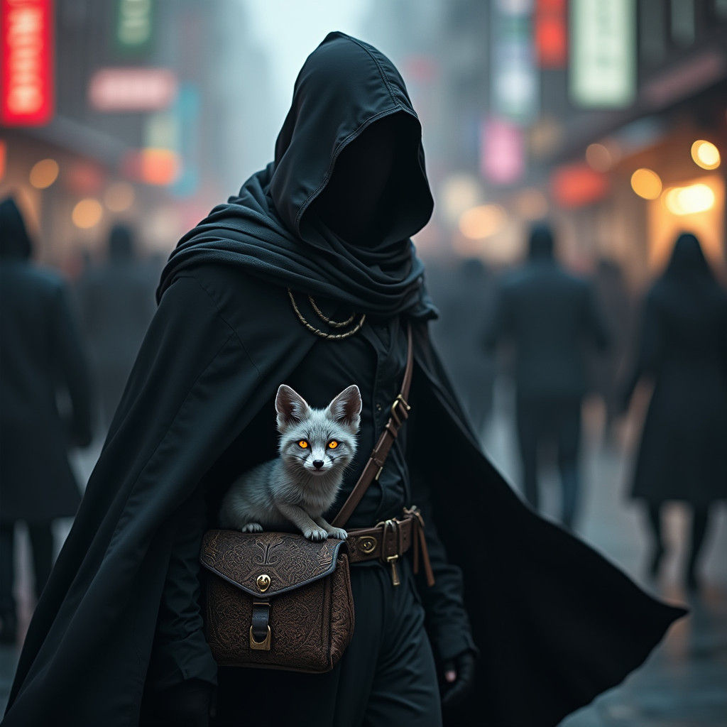 Mysterious Assassin and Fox Familiar in Cyberpunk City