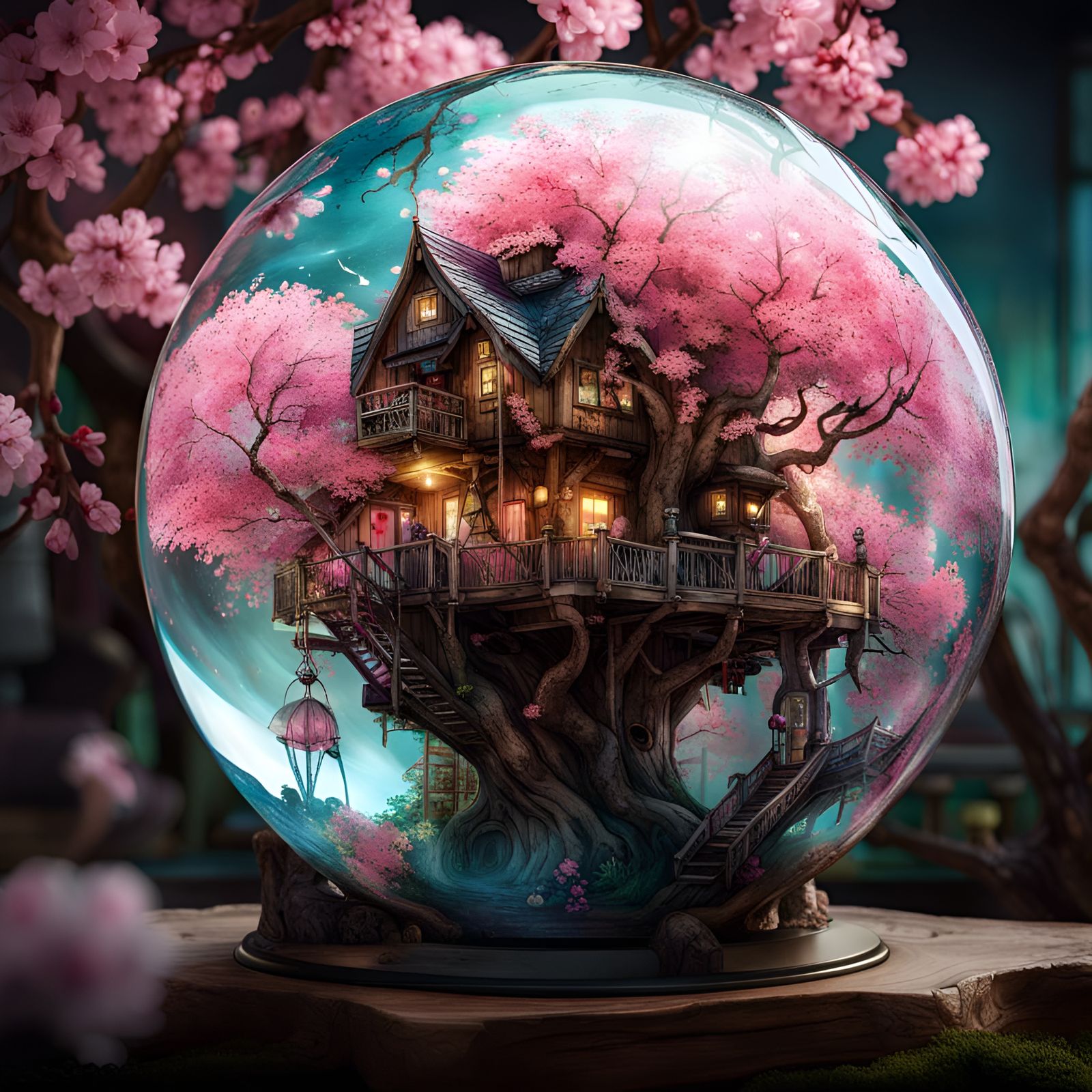 Cherry Blossom Treehouse in Glass Orb
