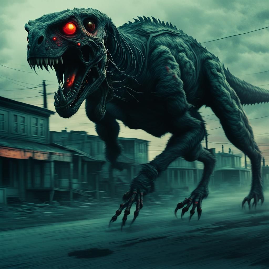 Mutated Beast Sprinting Through Apocalyptic Town