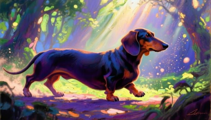 Giant Dachshund in Sunlit Forest Oil Painting