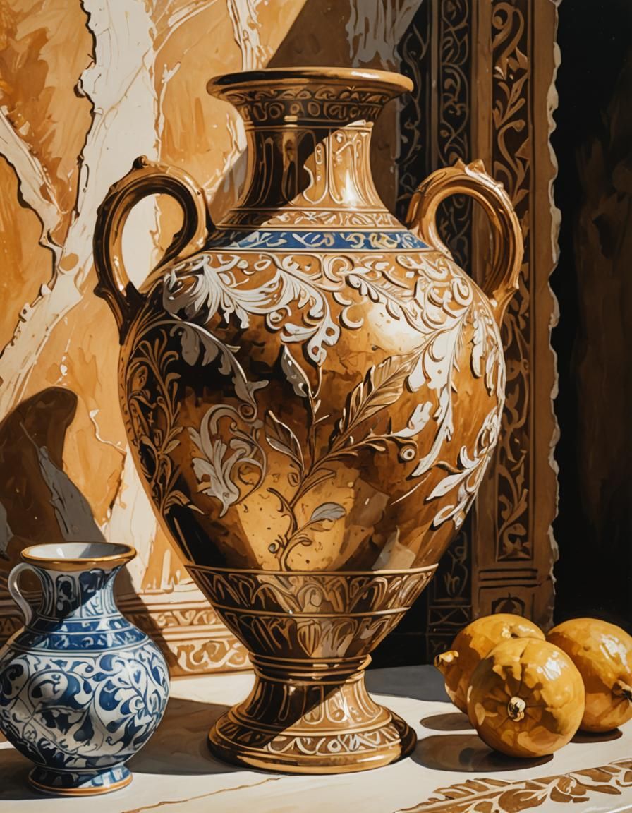 Ornate Amphora in Gouache Style, Sunlit Still Life