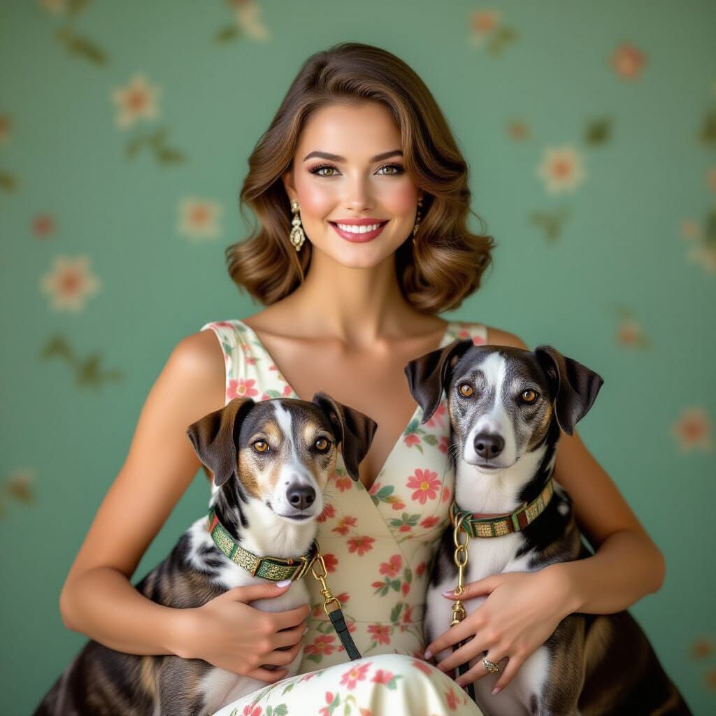 1970s Fashion Ad: Woman Posing with Greyhounds