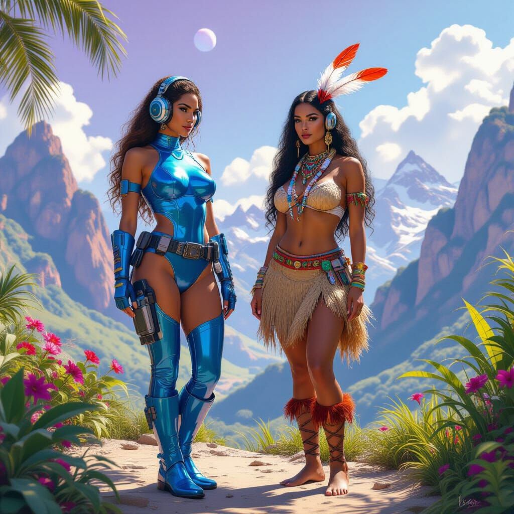 Sci-Fi Paradise Planet Scene with Two Women