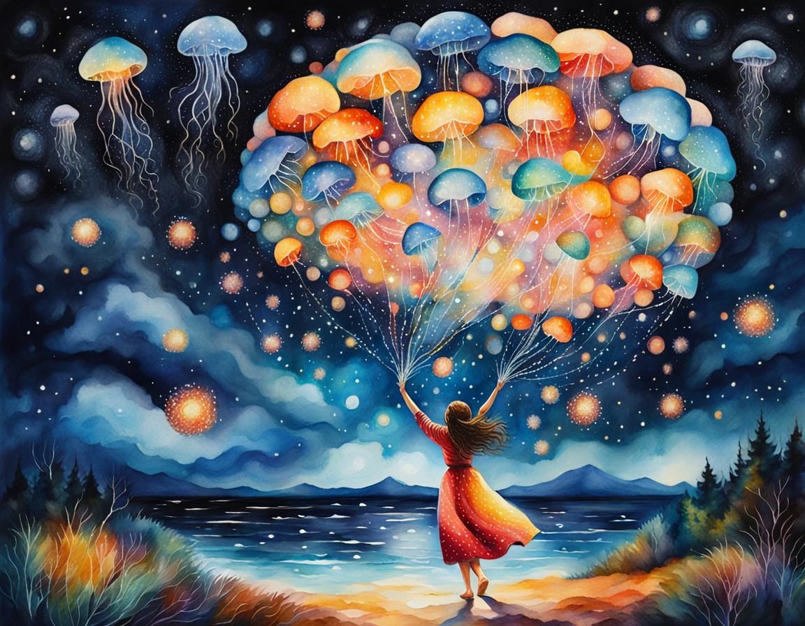 Dreamy Pointillist Painting of Woman Catching Jellyfish