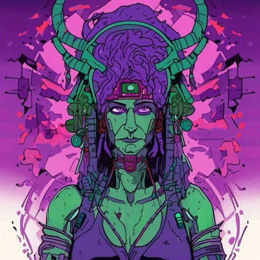 Purple Shaman Portrait in Moebius Minimalist Style
