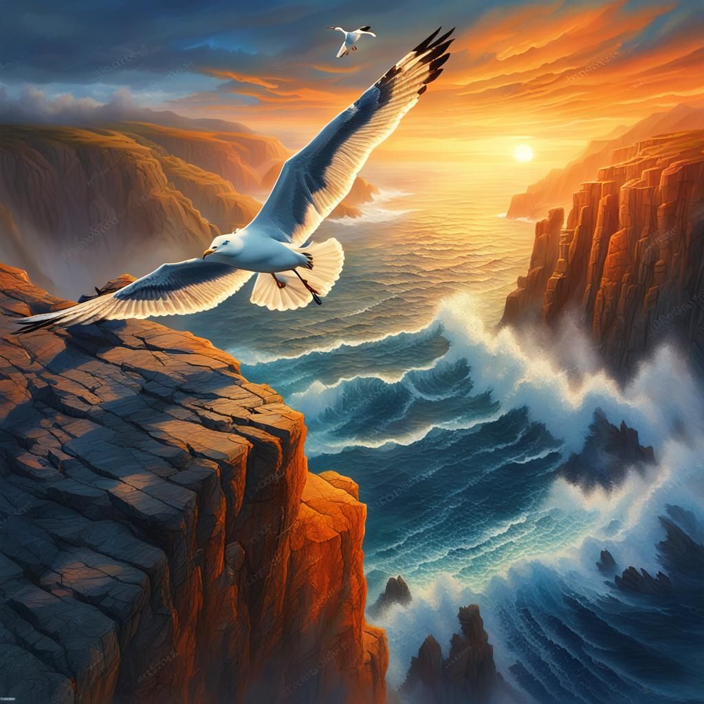 Dramatic Seagull Soaring Above Rugged Cliffs