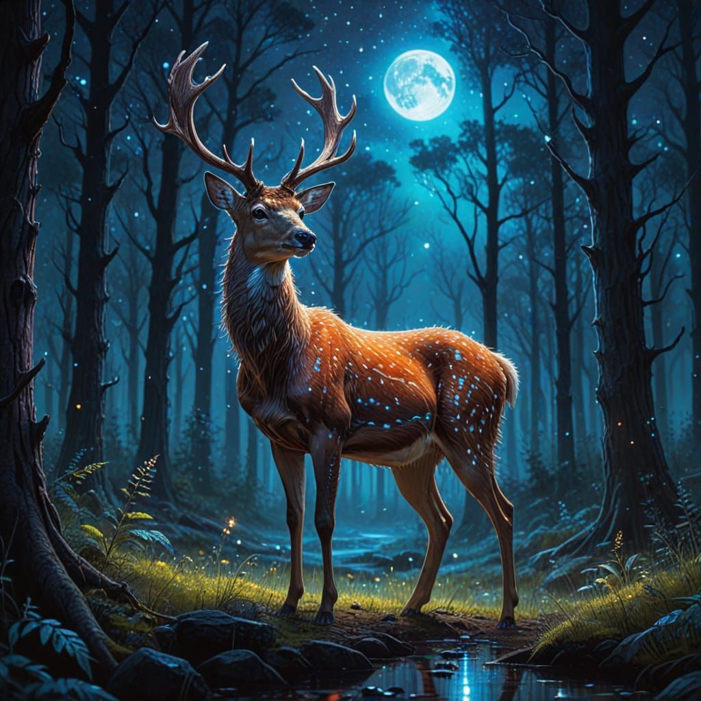 Stardust Deer in Moonlit Forest, Digital Painting