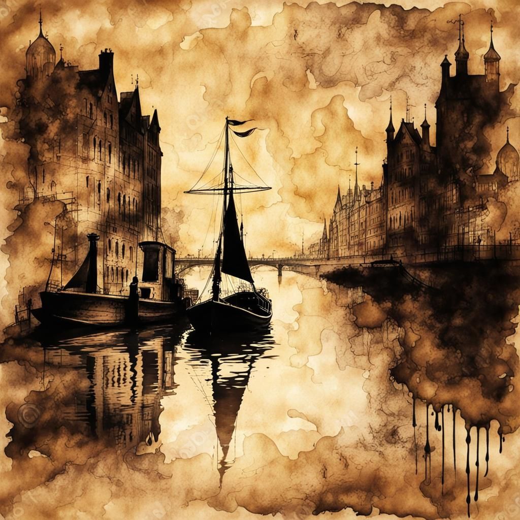 Steampunk Boat Silhouette on the Thames in Ink