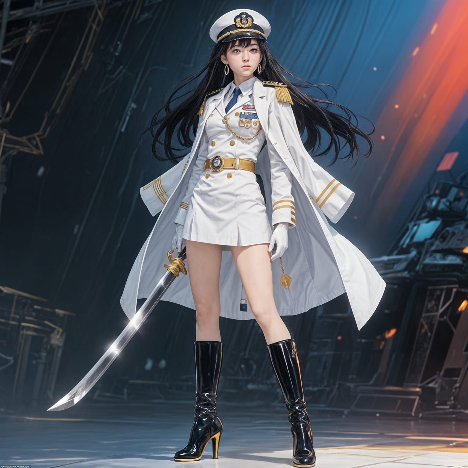 Anime Female Admiral in White Uniform with Sword