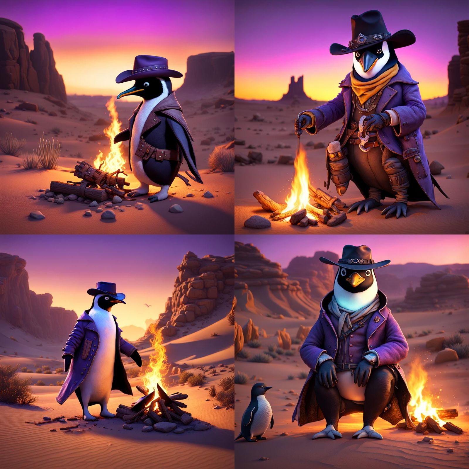 Cowboy Penguin Campfire in Desert, Digital Art