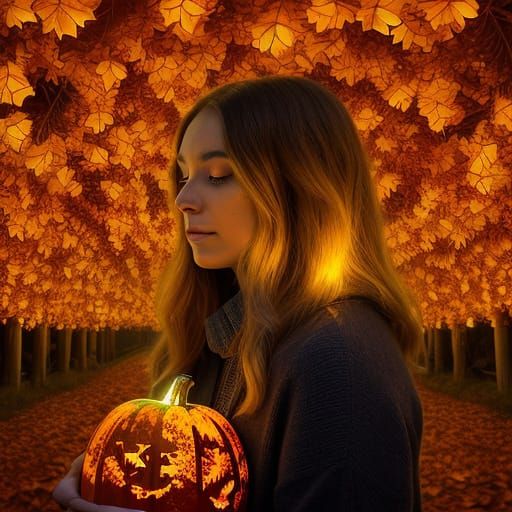 Autumnal Person Surrounded by Leaves and Pumpkins