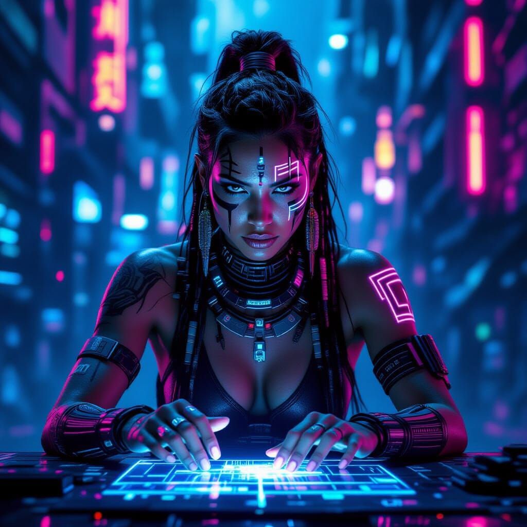Cyberpunk Amazonian Warrior Hacker in Neon Data Haven