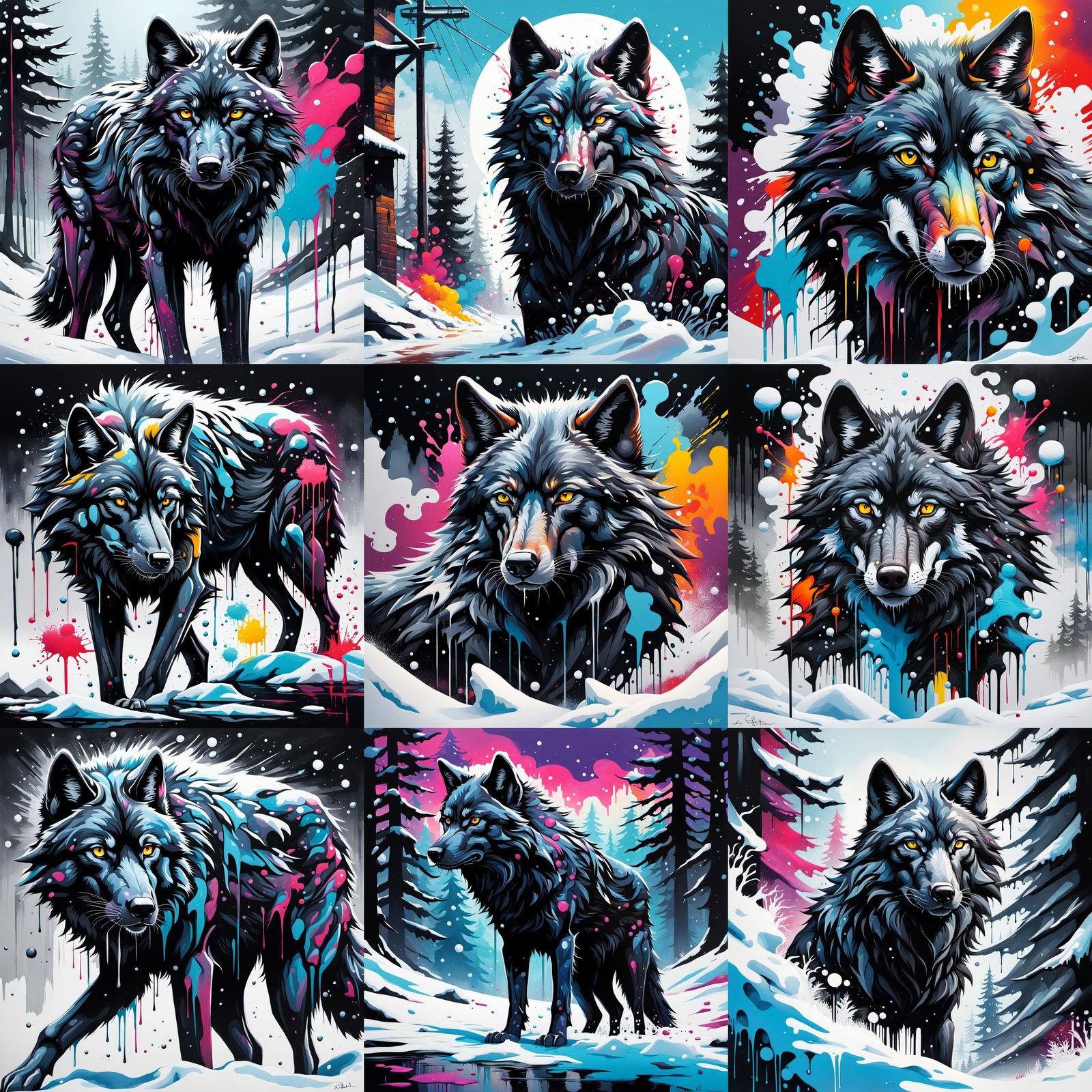 Black Wolf in Snow: Graffiti Splash Art